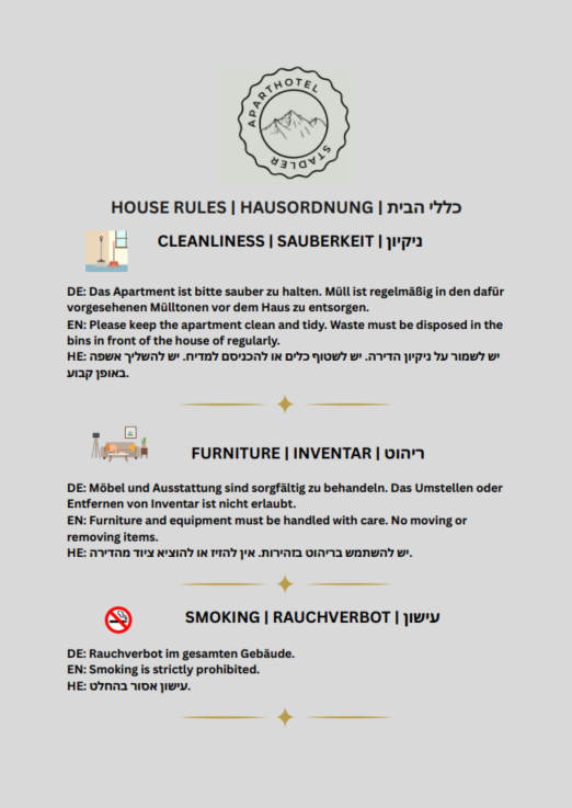 House rules of Aparthotel Stadler, page 1